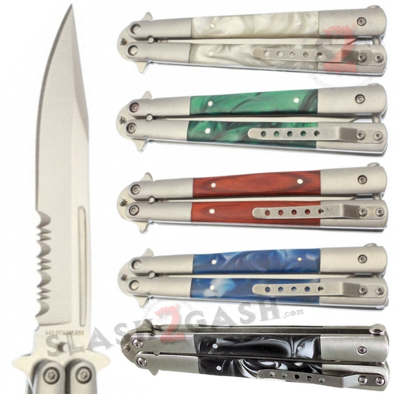 Marble Butterfly Knife Pearl Swirl Serrated Balisong - Green Knife-Balisong - Tophatter Daily Deals