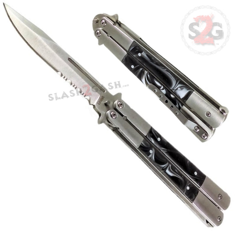 Marble Butterfly Knife Pearl Swirl Serrated Balisong - Black Black Knife-Balisong - Tophatter Daily Deals