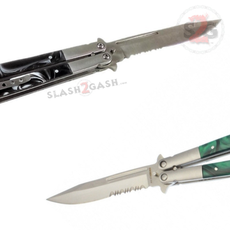 Marble Butterfly Knife Pearl Swirl Serrated Balisong - Black Knife-Balisong - Tophatter Daily Deals