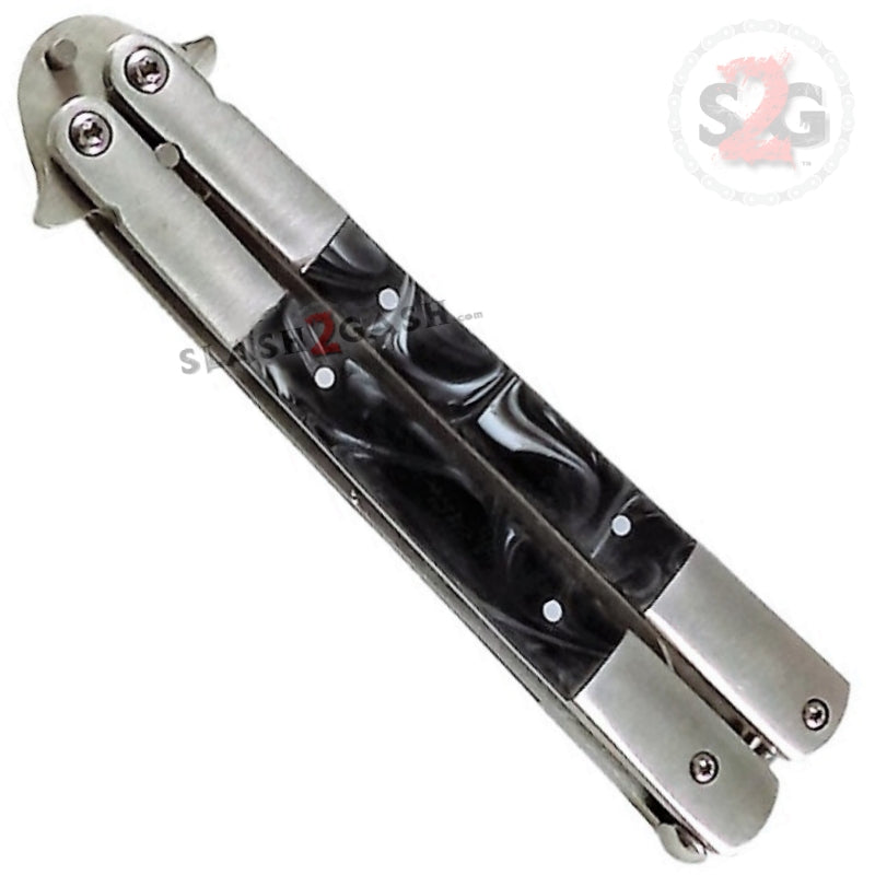 Marble Butterfly Knife Pearl Swirl Serrated Balisong - Black Knife-Balisong - Tophatter Daily Deals