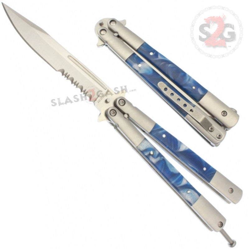 Marble Butterfly Knife Pearl Swirl Serrated Balisong - Blue Blue Knife-Balisong - Tophatter Daily Deals
