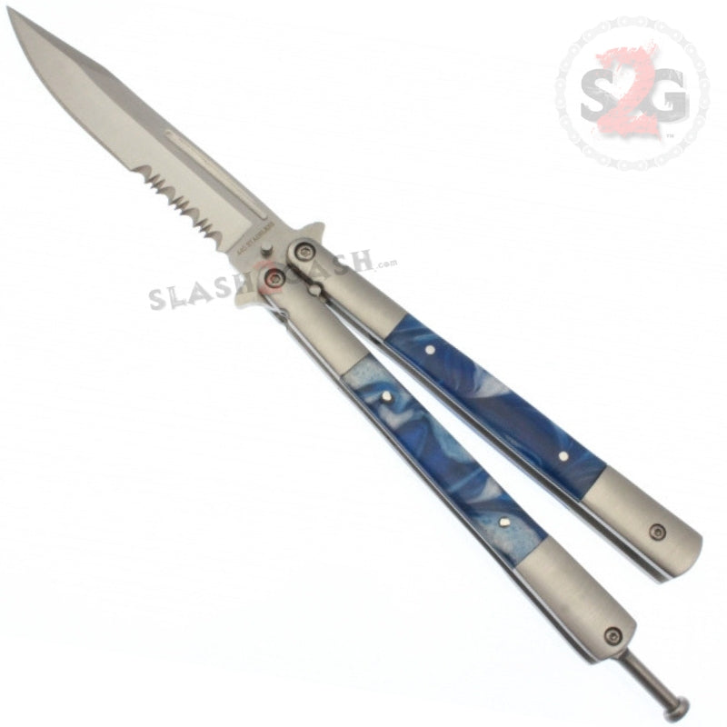 Marble Butterfly Knife Pearl Swirl Serrated Balisong - Blue Knife-Balisong - Tophatter Daily Deals