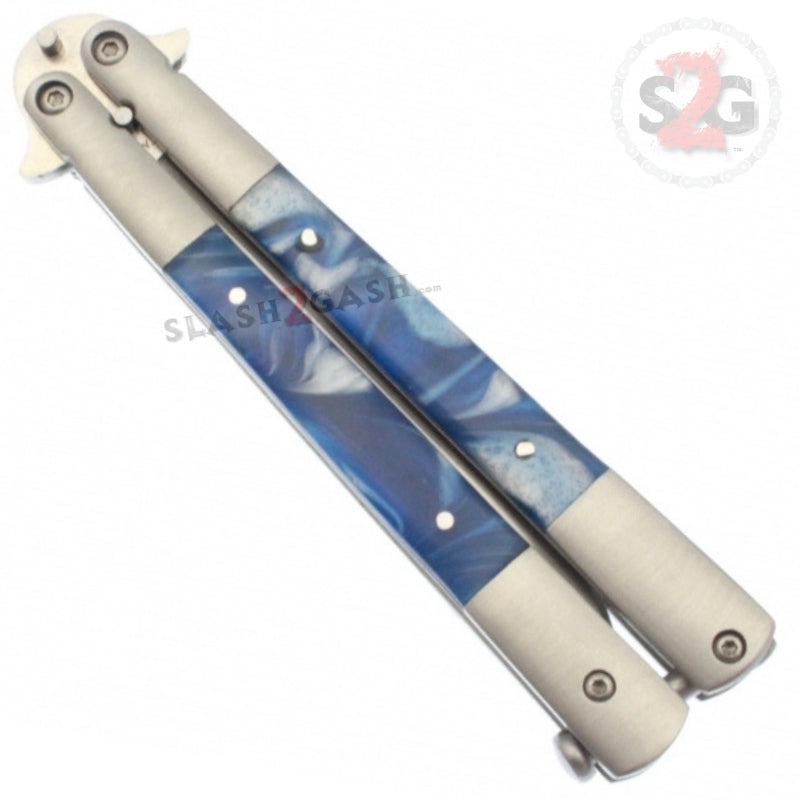 Marble Butterfly Knife Pearl Swirl Serrated Balisong - Blue Knife-Balisong - Tophatter Daily Deals