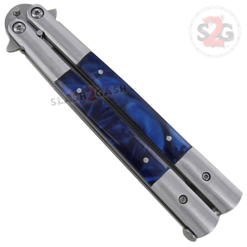 Marble Butterfly Knife Pearl Swirl Serrated Balisong - Blue Knife-Balisong - Tophatter Daily Deals