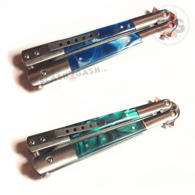 Marble Butterfly Knife Pearl Swirl Serrated Balisong - Blue Knife-Balisong - Tophatter Daily Deals