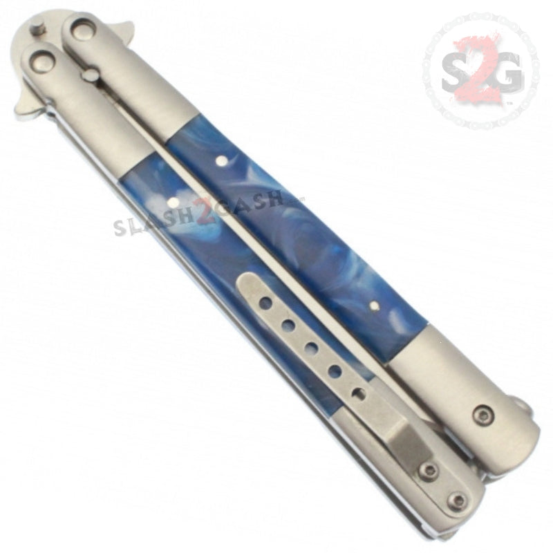 Marble Butterfly Knife Pearl Swirl Serrated Balisong - Blue Knife-Balisong - Tophatter Daily Deals