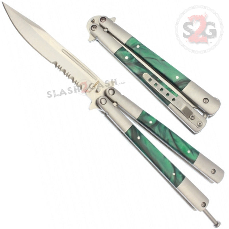 Marble Butterfly Knife Pearl Swirl Serrated Balisong - Green Green Knife-Balisong - Tophatter Daily Deals