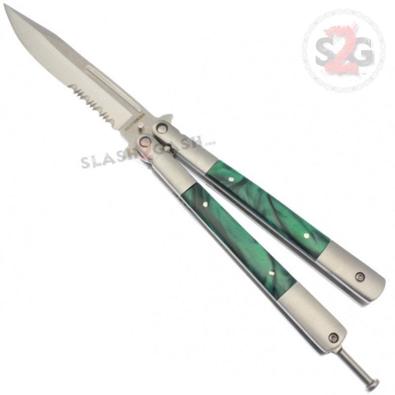 Marble Butterfly Knife Pearl Swirl Serrated Balisong - Green Knife-Balisong - Tophatter Daily Deals