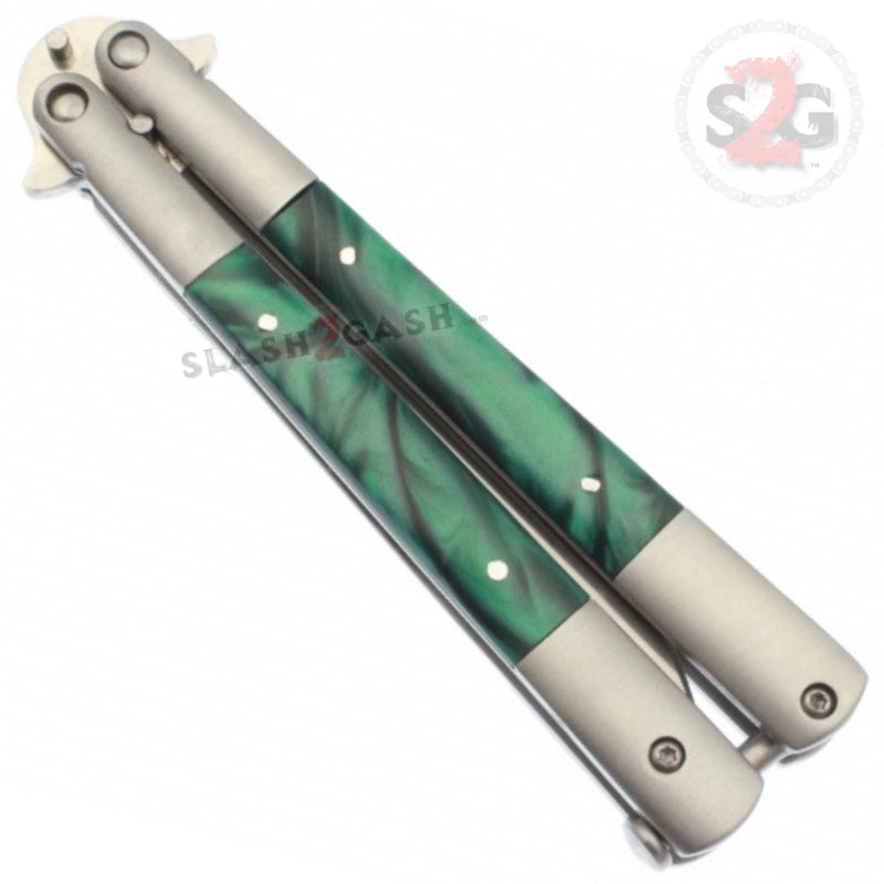 Marble Butterfly Knife Pearl Swirl Serrated Balisong - Green Knife-Balisong - Tophatter Daily Deals