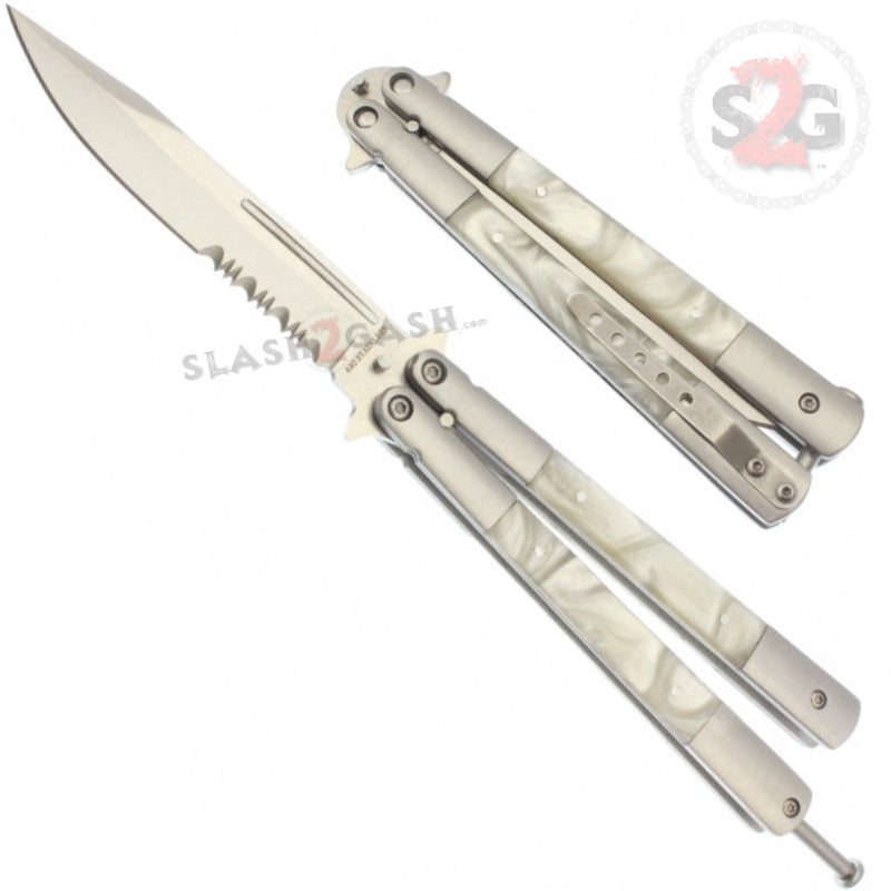 Marble Butterfly Knife Pearl Swirl Serrated Balisong - 5 colors White Knife-Balisong - Tophatter Daily Deals