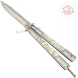 Marble Butterfly Knife Pearl Swirl Serrated Balisong - White Knife-Balisong - Tophatter Daily Deals