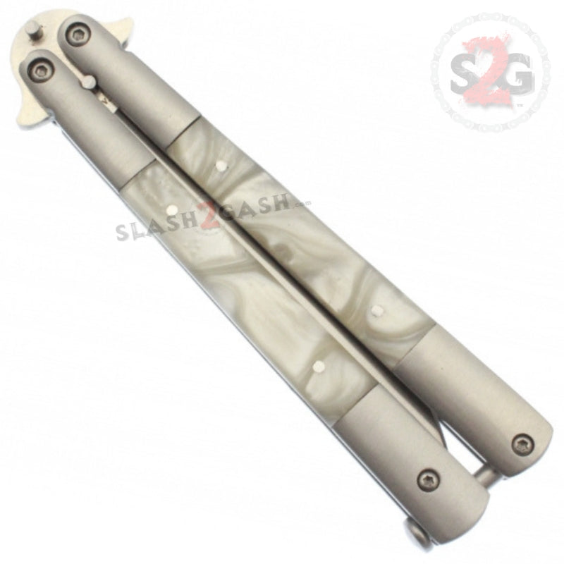 White Marble Butterfly Knife Pearl Swirl Balisong - Plain Edge Knife-Balisong - Tophatter Daily Deals