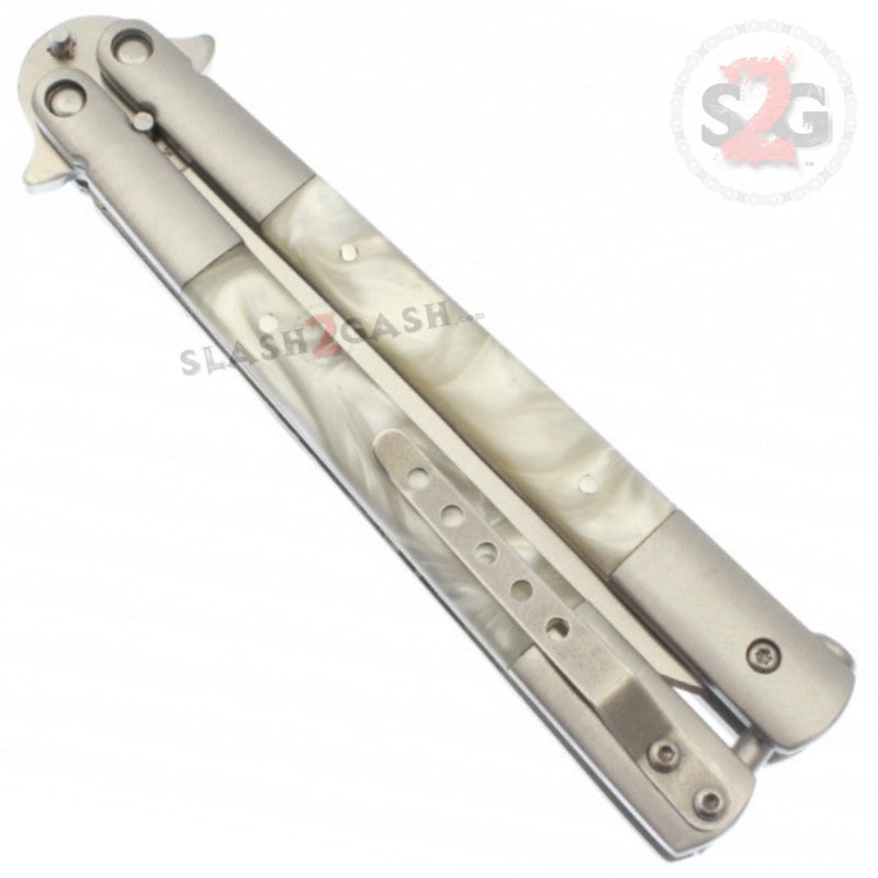 Marble Butterfly Knife Pearl Swirl Serrated Balisong - White Knife-Balisong - Tophatter Daily Deals