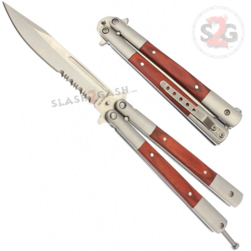 Butterfly Flip Knife w/ Inserts Serrated Balisong - Rosewood Rosewood Knife-Balisong - Tophatter Daily Deals