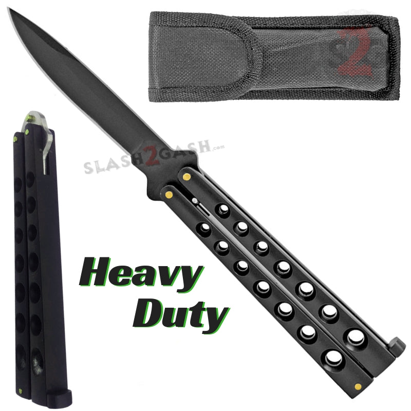 Heavy Duty Classic Butterfly Knife Thick 7 Hole Balisong - All Black Black Blade Knife-Balisong - Tophatter Daily Deals