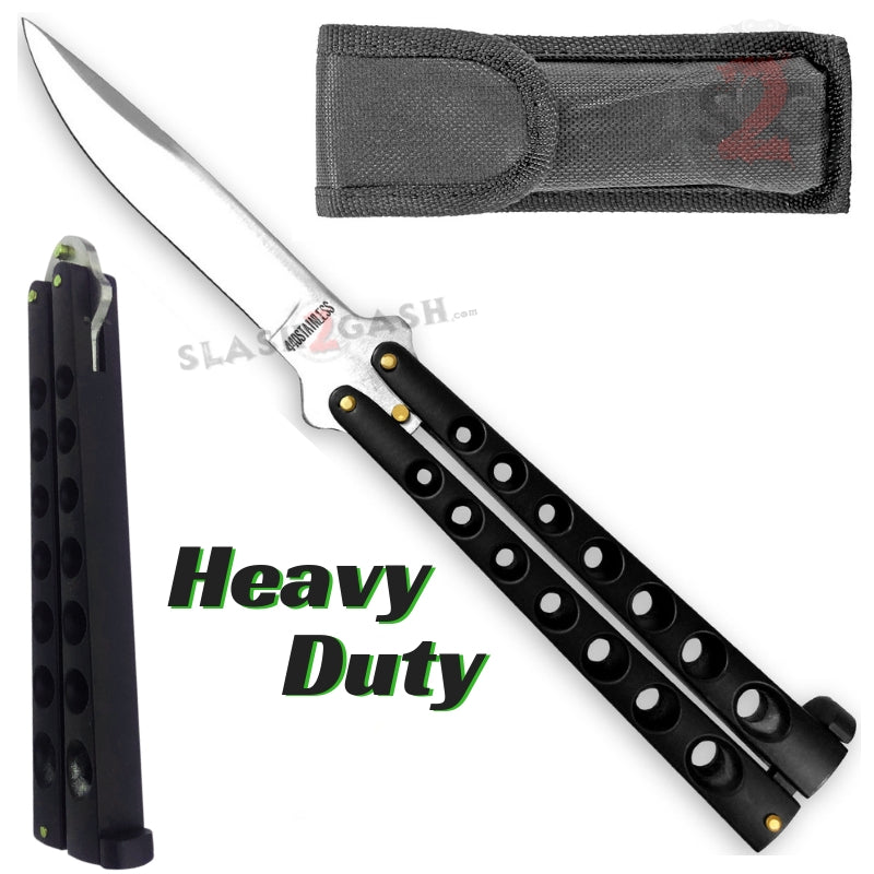 Heavy Duty Classic Butterfly Knife Thick 7 Hole Balisong - All Black Silver Blade Knife-Balisong - Tophatter Daily Deals