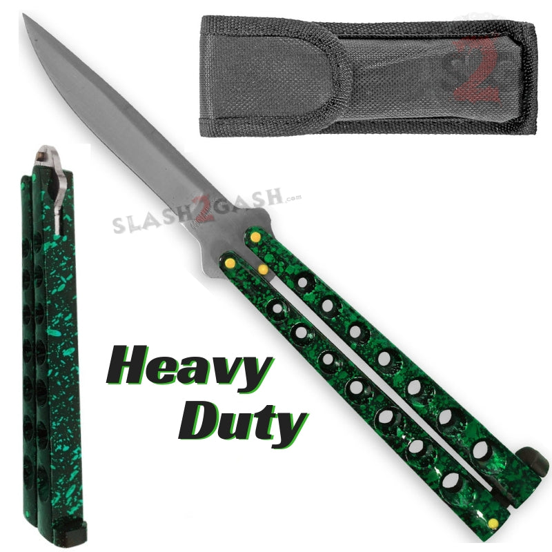 Heavy Duty Classic Butterfly Knife Thick 7 Hole Balisong - Asst. colors Green Splatter Knife-Balisong - Tophatter Daily Deals