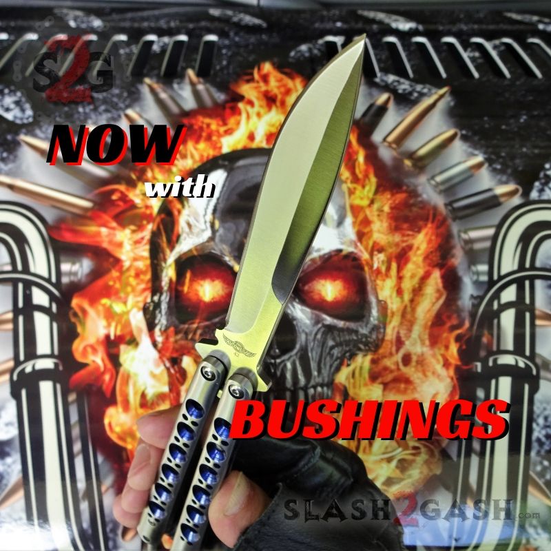 TheONE Butterfly Knife w/ BUSHINGS 440C Channel Balisong - Satin 42 Blue Knife-Balisong - Tophatter Daily Deals