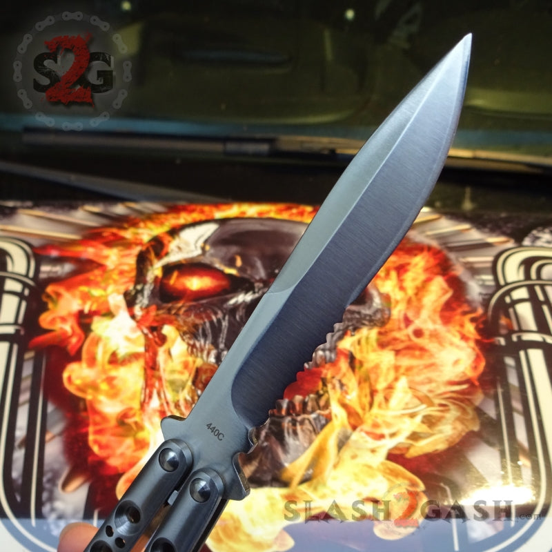 TheONE Butterfly Knife w/ BUSHINGS 440C Channel Balisong - 42 Serrated Knife-Balisong - Tophatter Daily Deals