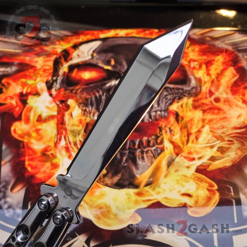 TheONE Butterfly Knife 440C Channel Balisong w/ Spring Latch - 5 Blades ALL Chrome 47 - Mirror Finish Knife-Balisong - Tophatter Daily Deals