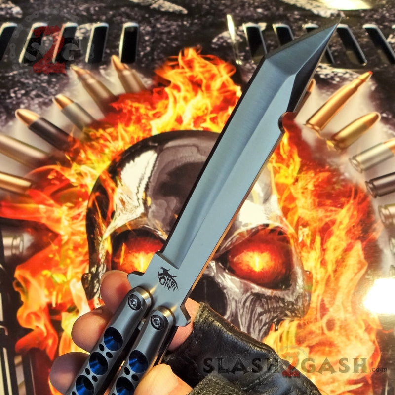 TheONE Butterfly Knife 440C Channel Balisong w/ Spring Latch - 5 Blades Tanto - Blue Holes Knife-Balisong - Tophatter Daily Deals