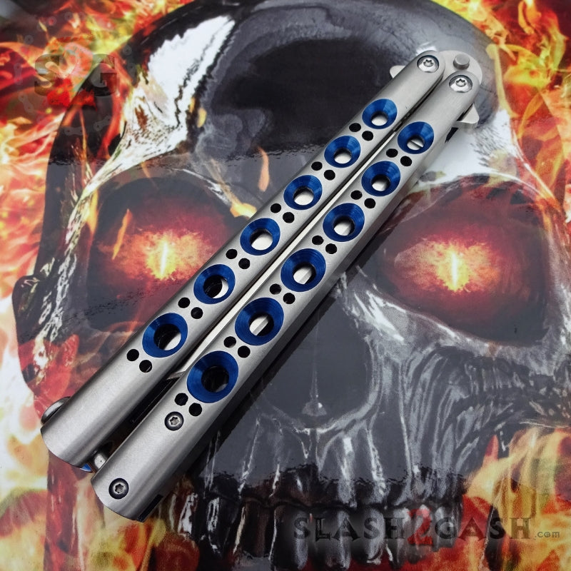 TheONE Butterfly Knife w/ BUSHINGS 440C Channel Balisong - Satin 42 Blue Knife-Balisong - Tophatter Daily Deals