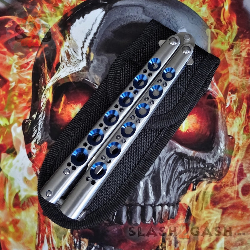 TheONE Butterfly Knife 440C Channel Balisong w/ Spring Latch - 5 Blades 43 Tyrannosaur - Blue Holes Knife-Balisong - Tophatter Daily Deals