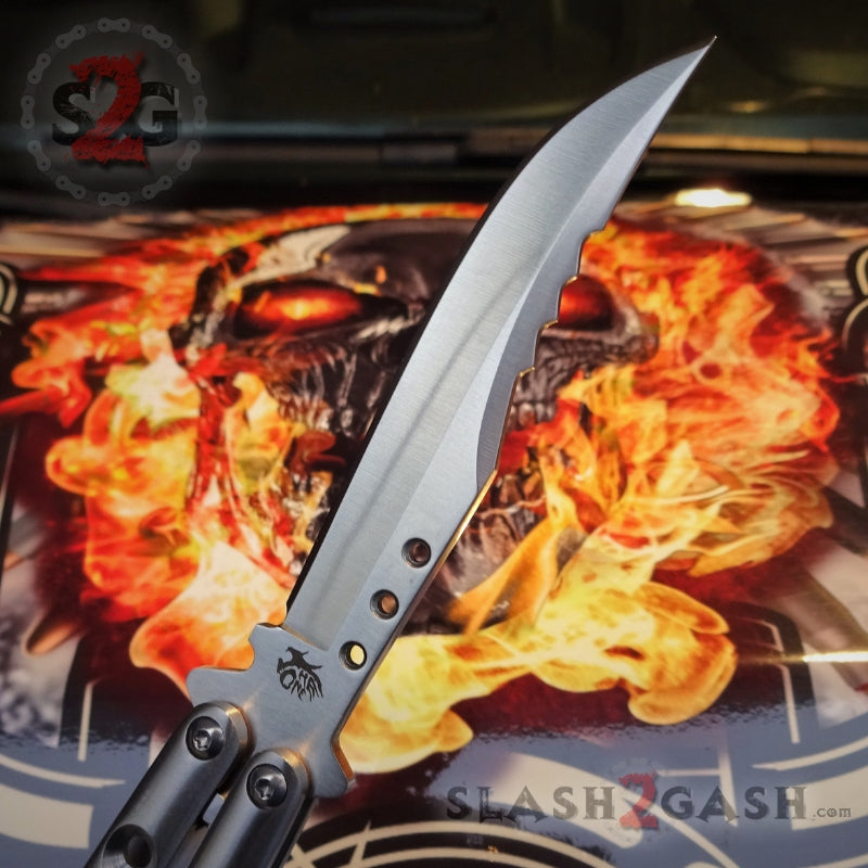 TheONE Butterfly Knife 440C Channel Balisong w/ Spring Latch - 5 Blades 43 Tyrannosaur - Satin Knife-Balisong - Tophatter Daily Deals