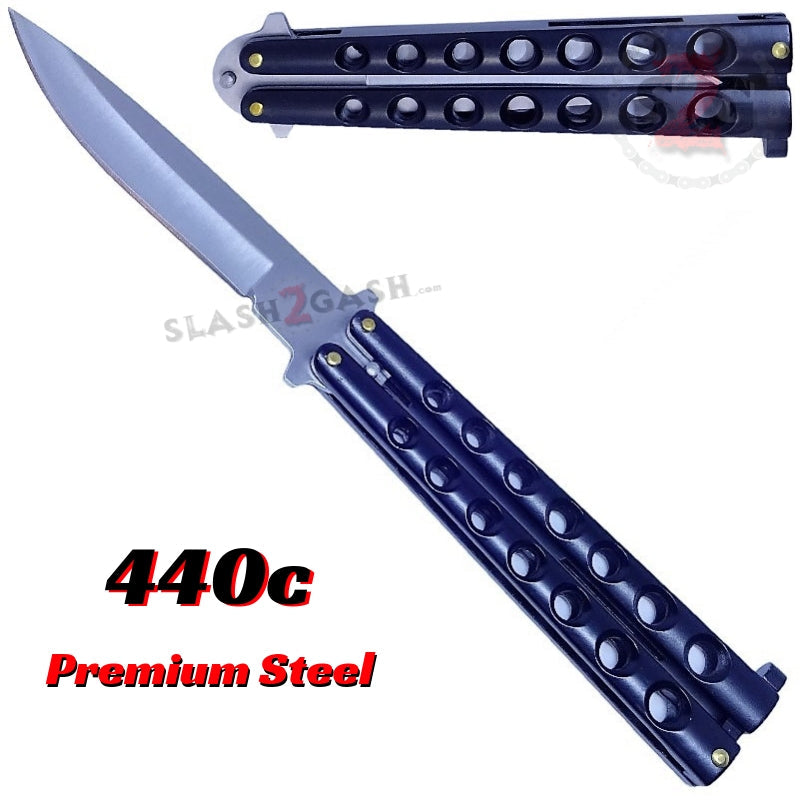 Classic 7 Hole Butterfly Knife 440c Premium Steel Balisong - 6 colors Black - Black blade (picture shows silver) Knife-Balisong - Tophatter Daily Deals