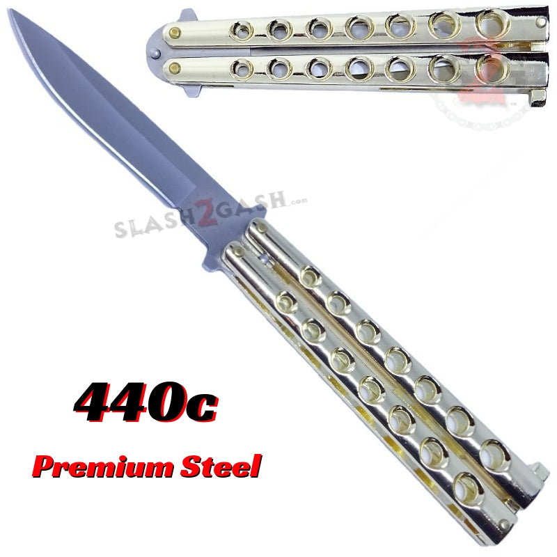 Classic 7 Hole Butterfly Knife 440c Premium Steel Balisong - Gold Gold Knife-Balisong - Tophatter Daily Deals