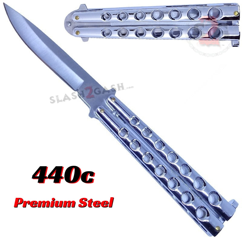 Classic 7 Hole Butterfly Knife 440c Premium Steel Balisong - Chrome Chrome Knife-Balisong - Tophatter Daily Deals