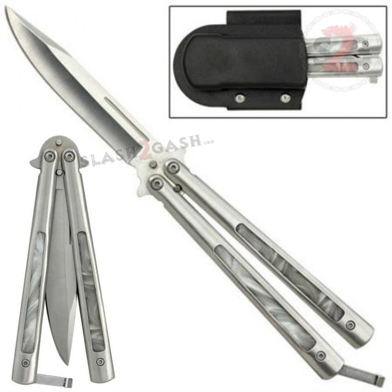White Pearl Butterfly Knife Marble Swirl Balisong - Plain Edge White - Plain Edge Knife-Balisong - Tophatter Daily Deals