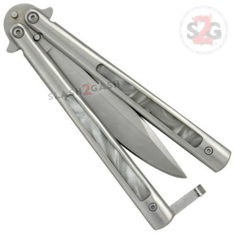 White Pearl Butterfly Knife Marble Swirl Balisong - Plain Edge Knife-Balisong - Tophatter Daily Deals