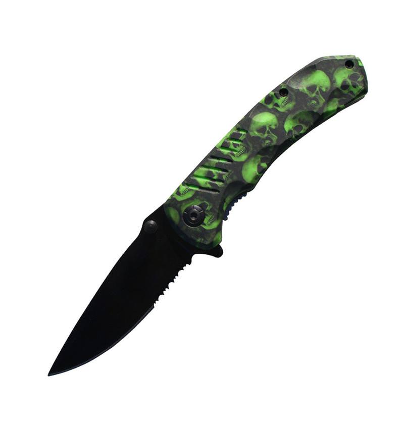 8 Inch Green Zombie Skull Tactical Spring Assisted Open Pocket Knife Collectible Weapons - Tophatter Daily Deals