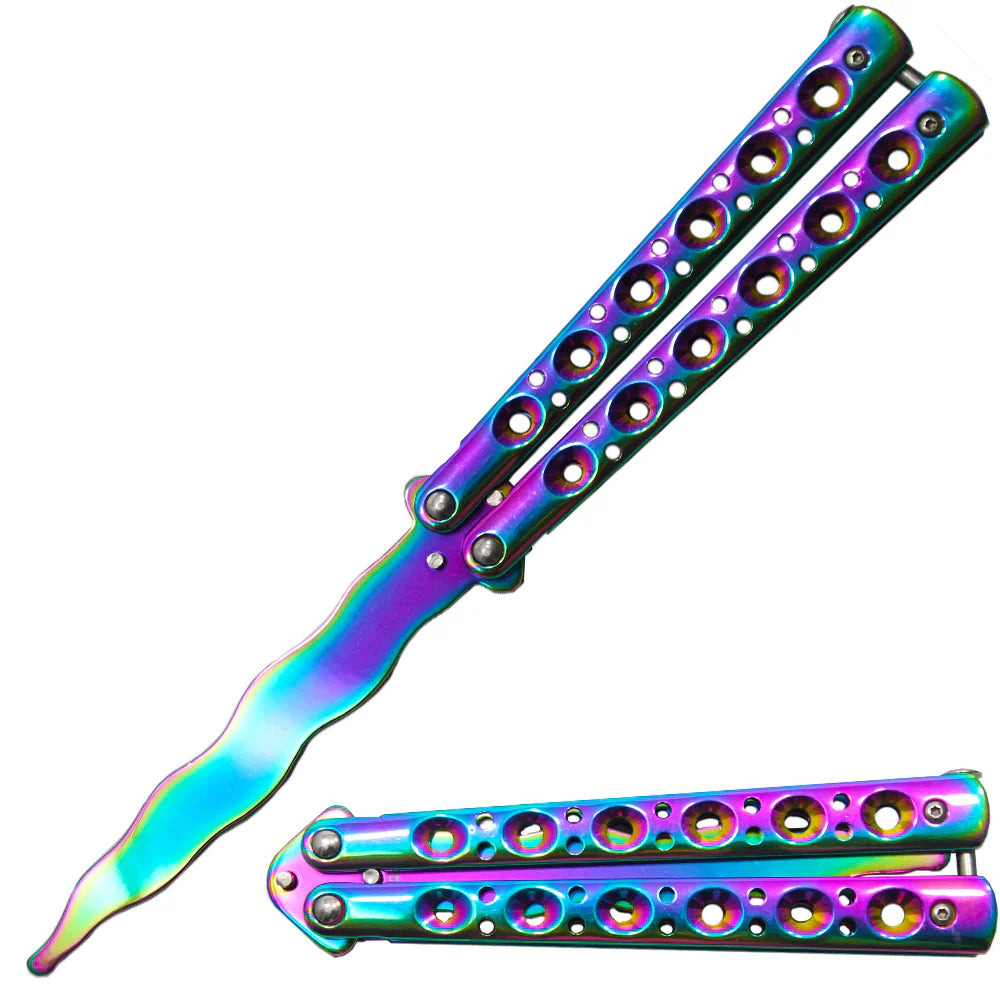 5" RAINBOW CURVED METAL HANDLE DULL BLADE BUTTERFLY TRAINER - Tophatter Daily Deals