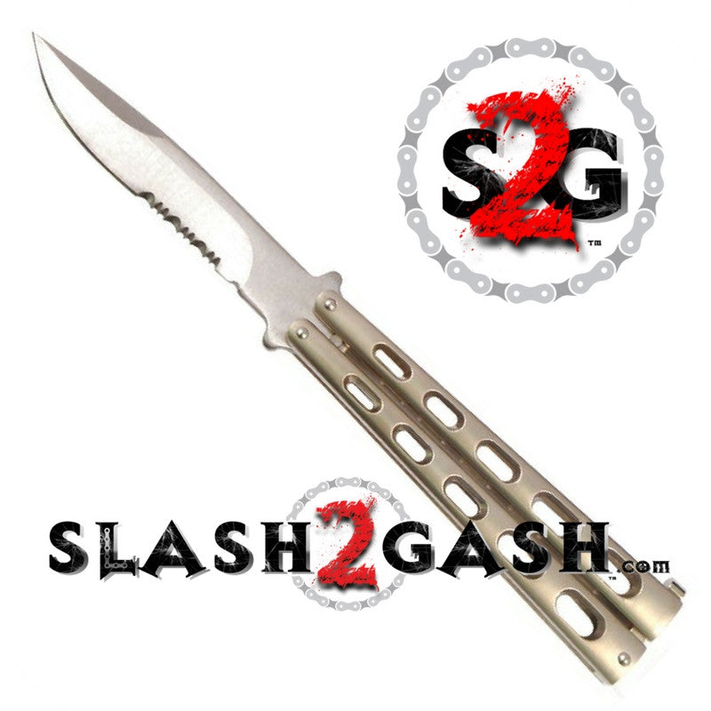 Jaguar Butterfly Knife HEAVY Taiwan Balisong - Champagne Serrated Knife-Balisong - Tophatter Daily Deals