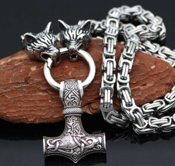 Mjolnir and Fenrir - Norse Viking Wolf Head Thor's Hammer Pendant & Chain Necklace - Tophatter Daily Deals