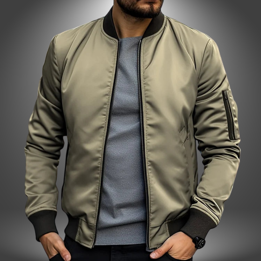 Lightweight Men’s Bomber Jacket – Ribbed Zip, Nylon Beige - Tophatter Daily Deals