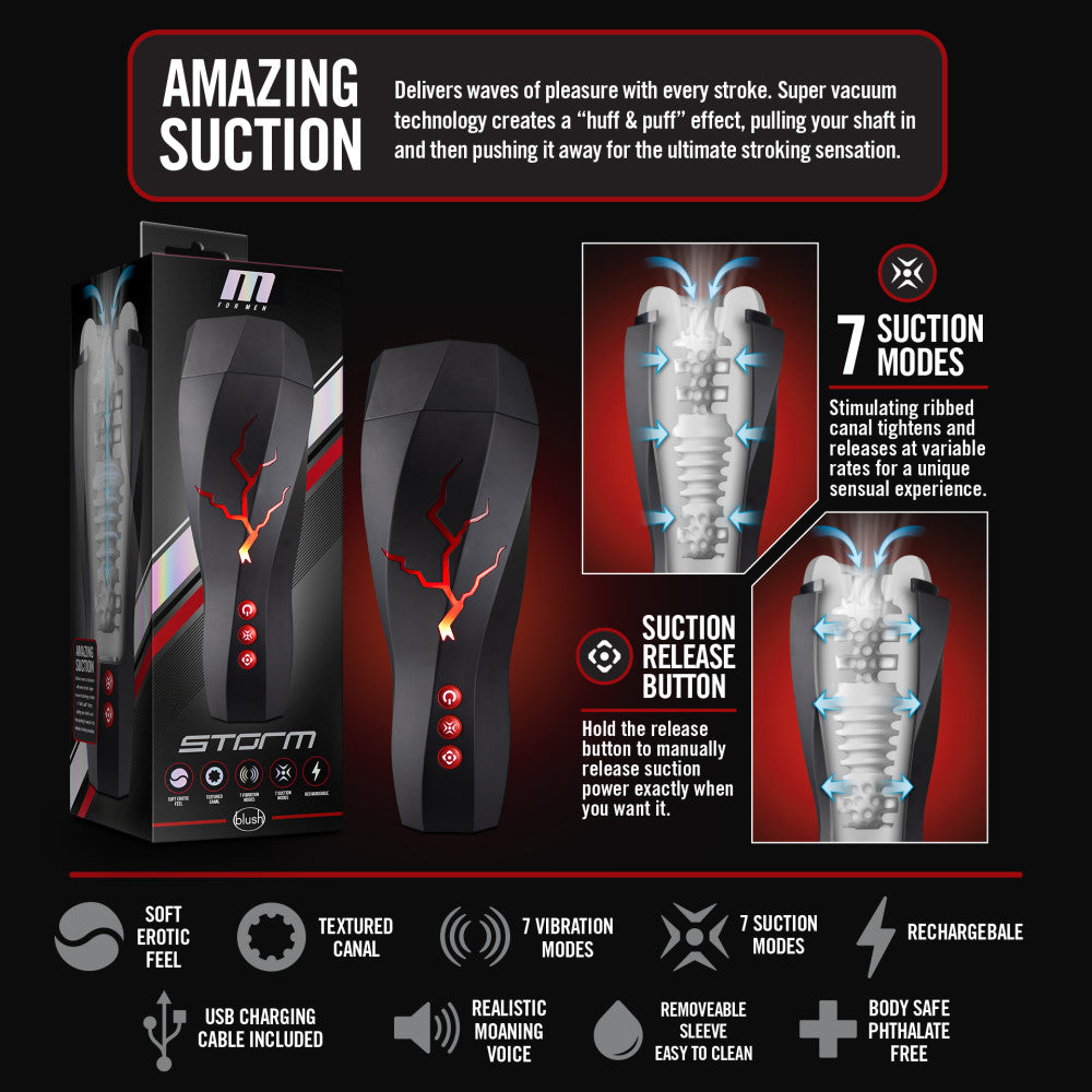 M for Men Storm (White) – Ribbed Masturbator Cup Vibrator with 7 Vibration Functions and Suction > Sex Toys For Men > Masturbators > Vibrating - Tophatter Daily Deals