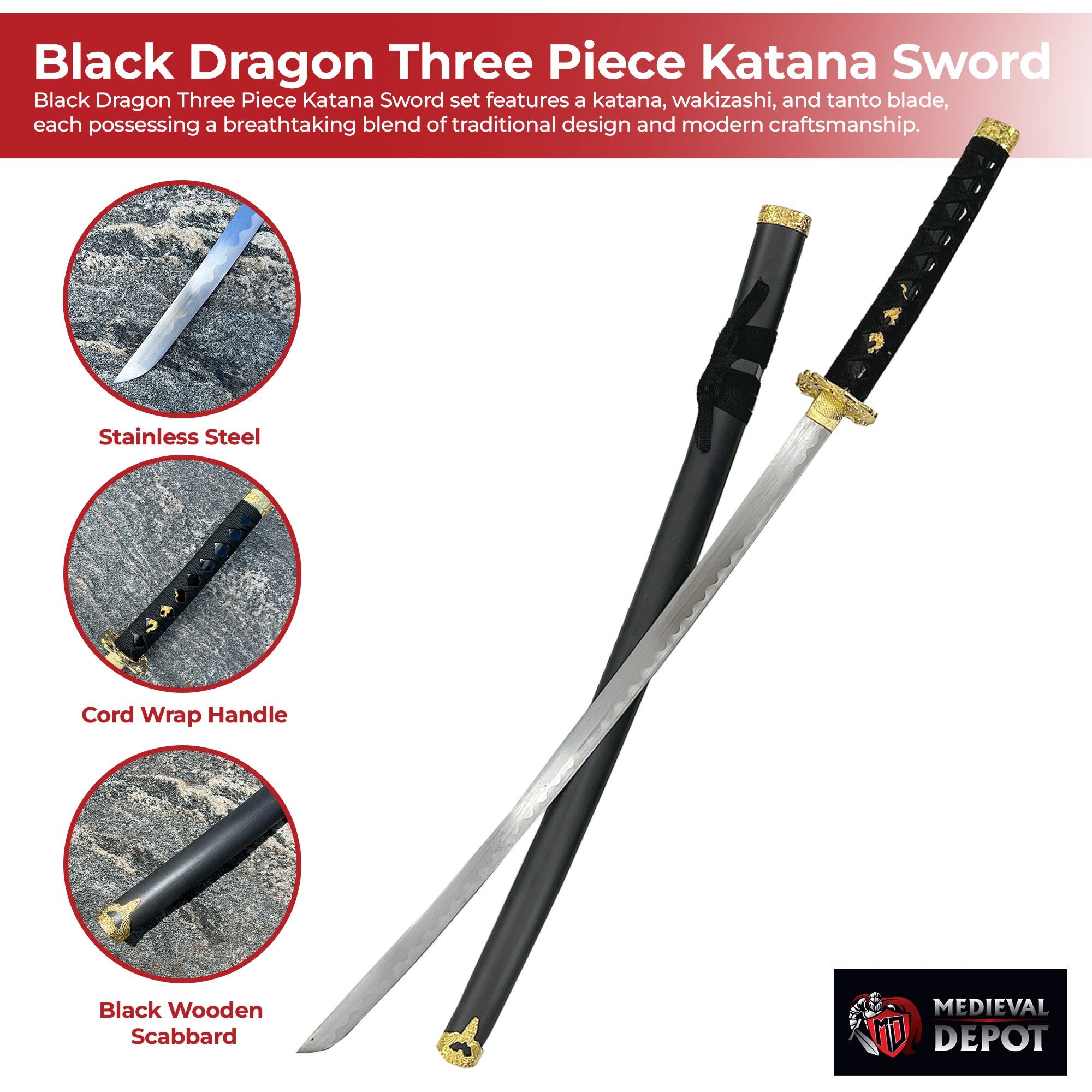 Black Dragon Three Piece Katana Sword Set with Desktop Stand Swords - Tophatter Daily Deals