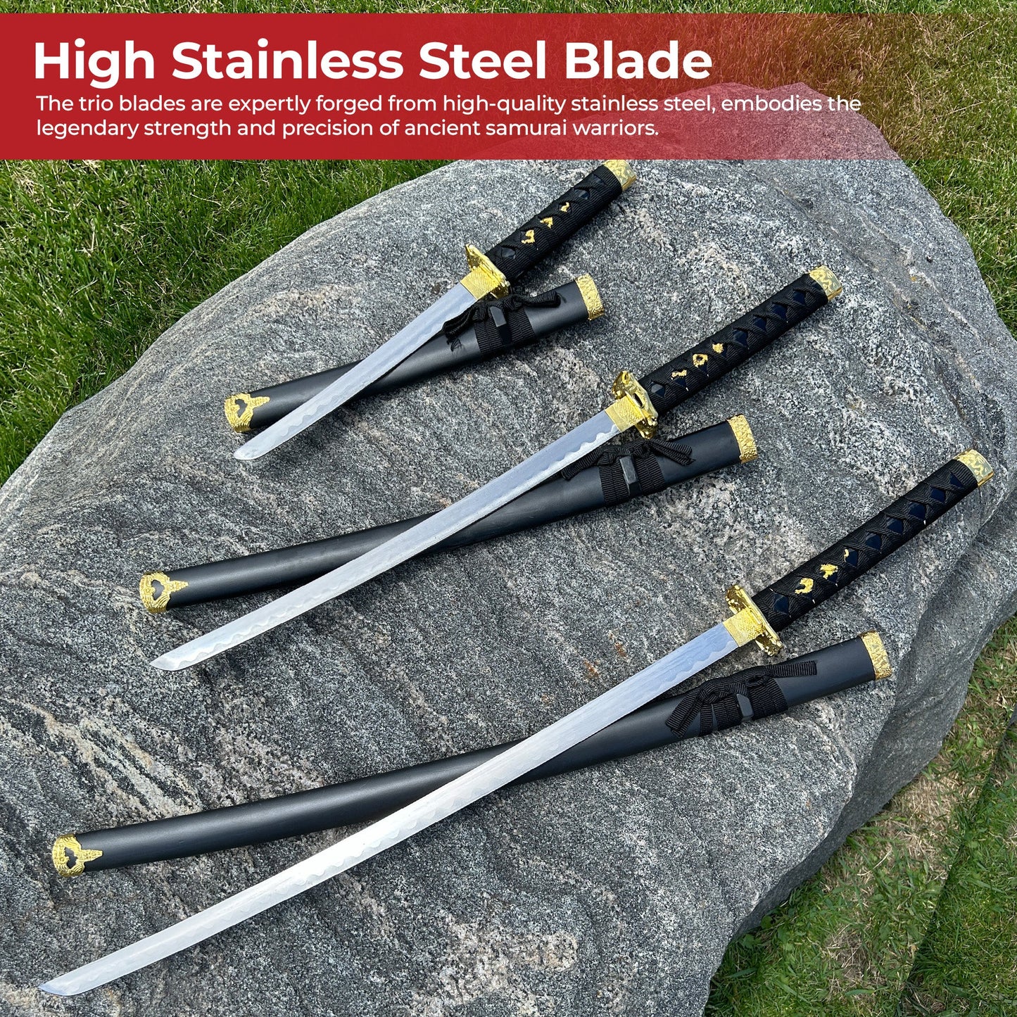 Black Dragon Three Piece Katana Sword Set with Desktop Stand Swords - Tophatter Daily Deals