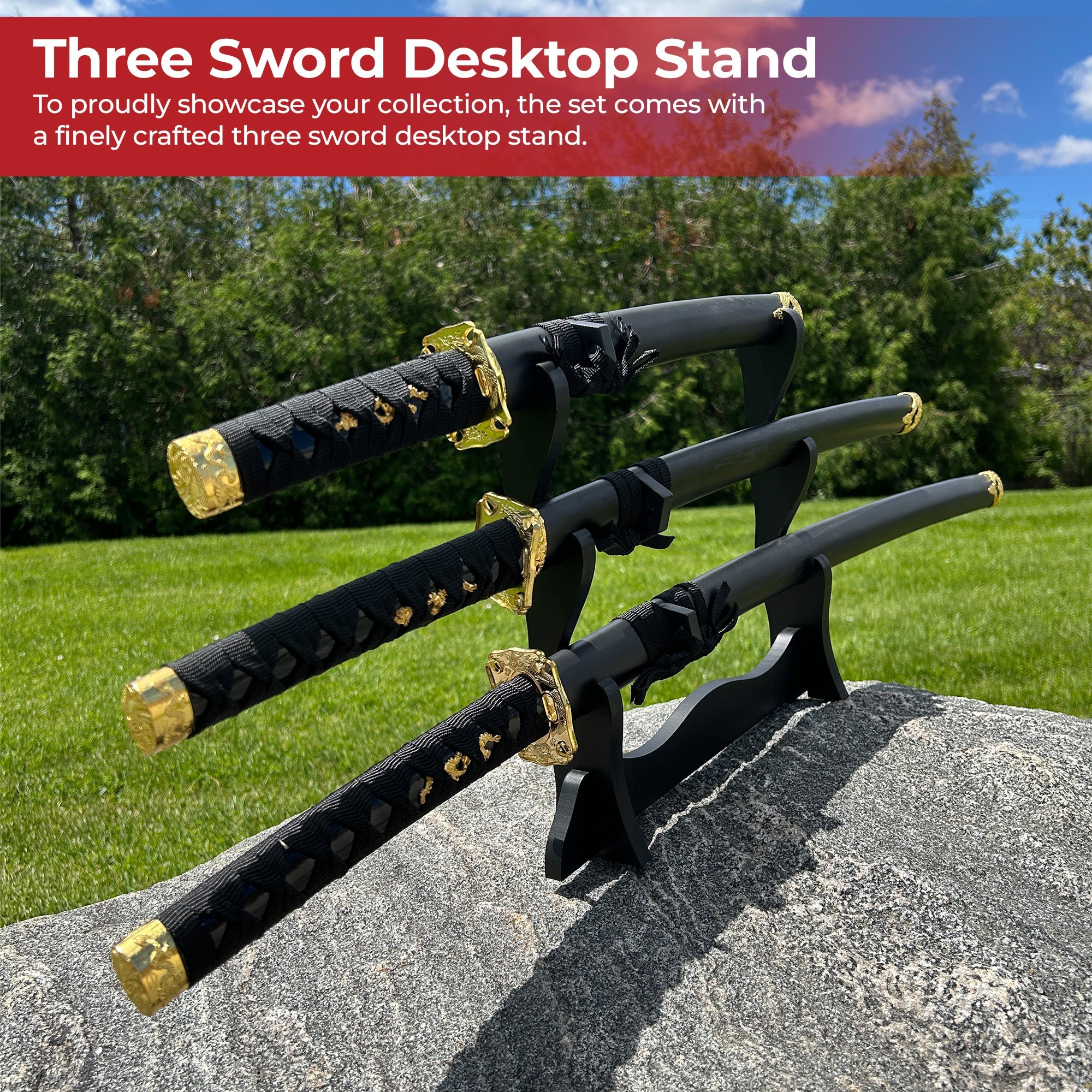 Black Dragon Three Piece Katana Sword Set with Desktop Stand Swords - Tophatter Daily Deals