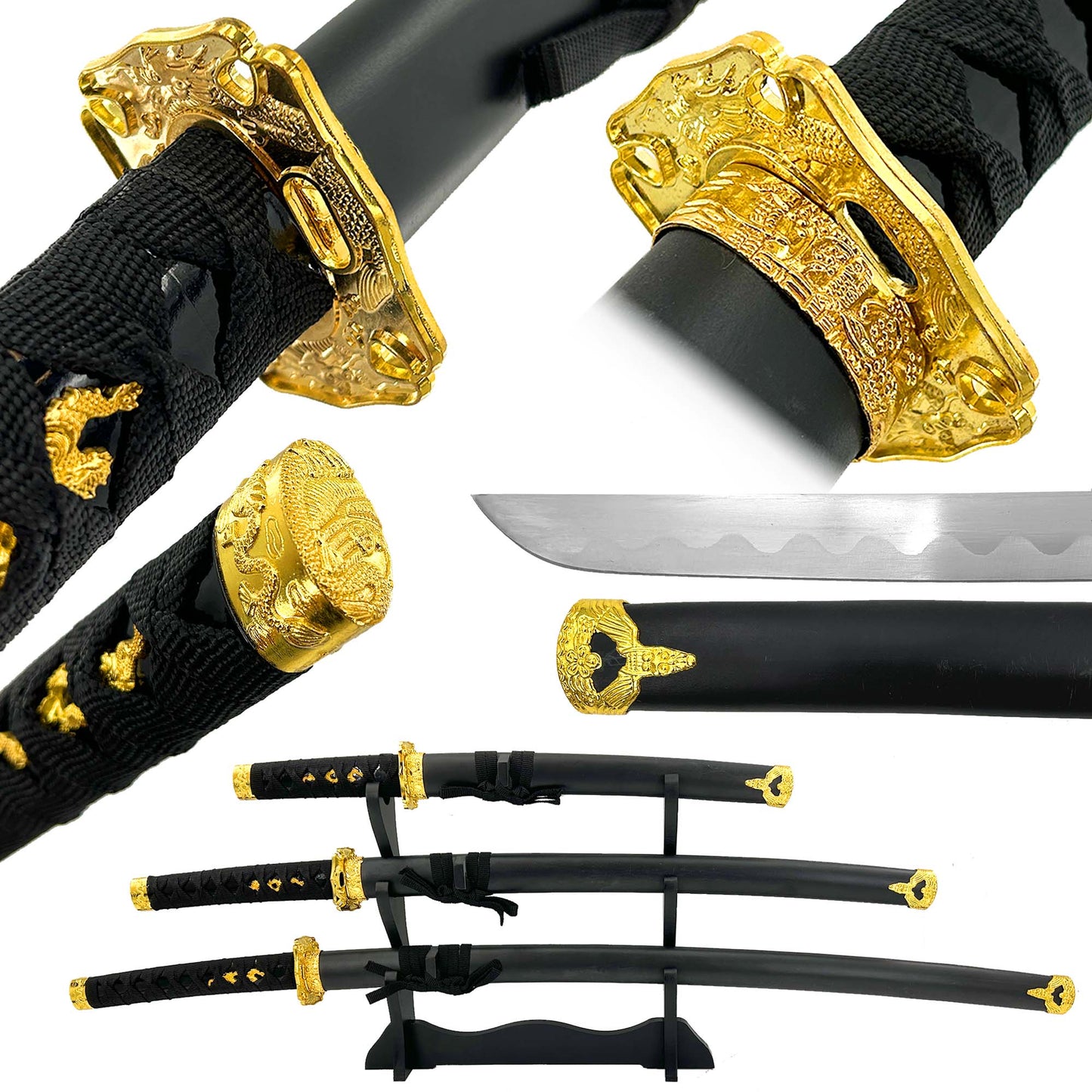 Black Dragon Three Piece Katana Sword Set with Desktop Stand Swords - Tophatter Daily Deals