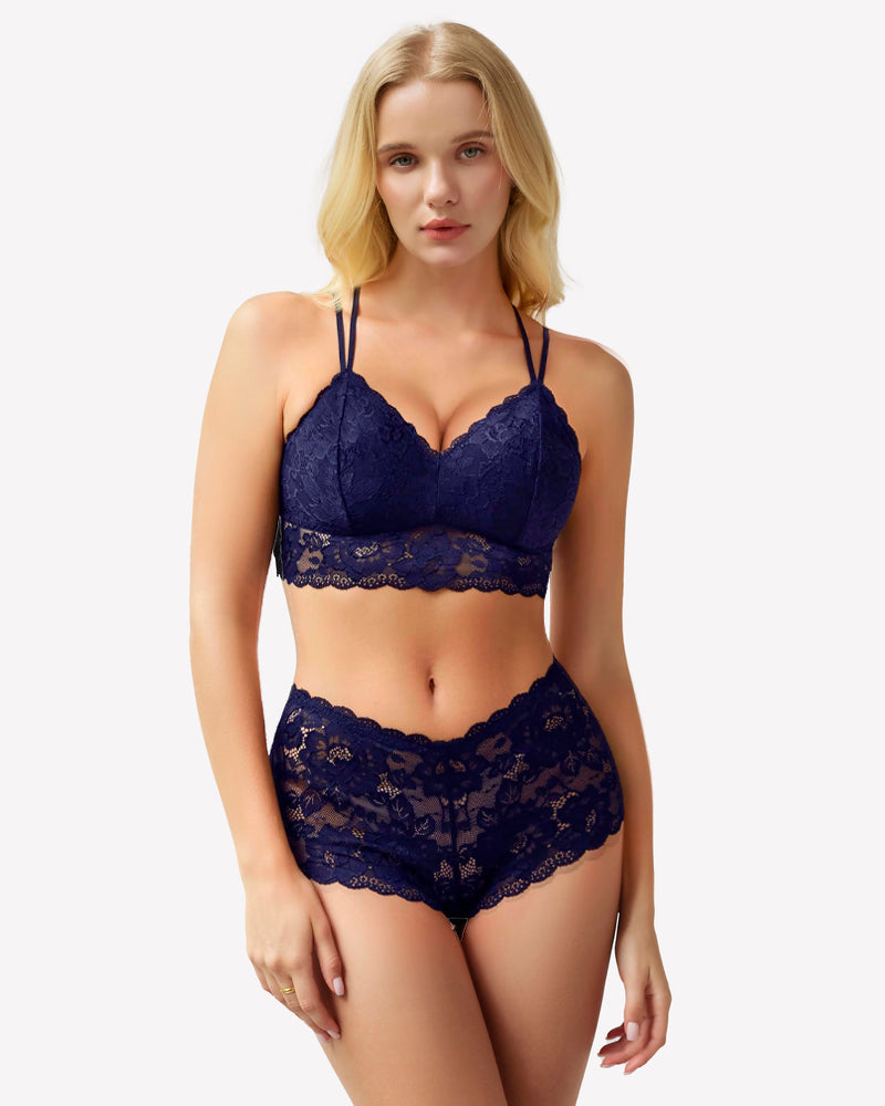 2 Piece Lace Bra and Panty Set Navy Blue Lingerie Sets-Bra Sets - Tophatter Daily Deals