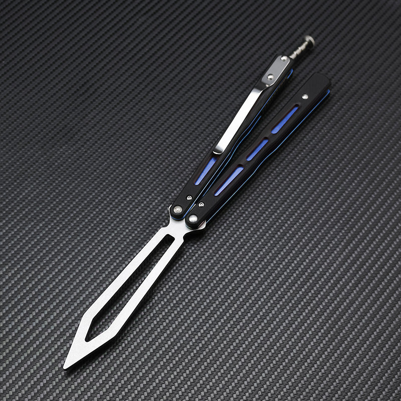 G10 Trainer Butterfly Knife Ball Bearings Practice Balisong - Adjustable Latch Black w Blue Liners Knife-Balisong - Tophatter Daily Deals