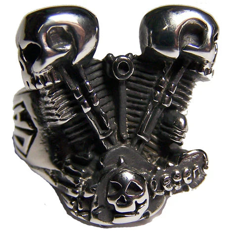 ENGINE PISTOL SKULL HEADS STAINLESS STEEL BIKER RING - Tophatter Daily Deals