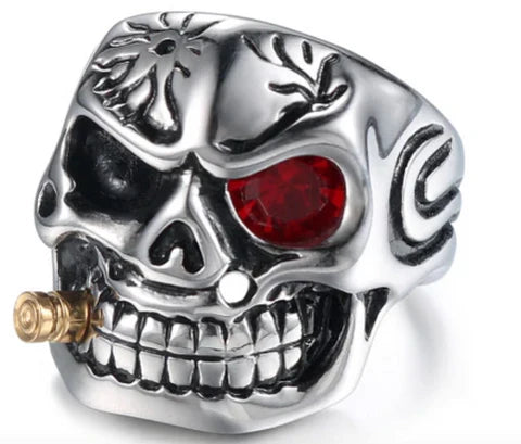 SKULL WITH CIGAR WITH RED CRYSTAL EYE METAL BIKER RING - Tophatter Daily Deals
