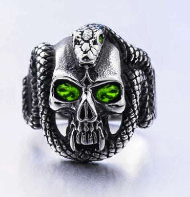 CRYSTAL GREEN EYE SKULL WITH SERPENT SNAKE METAL BIKER RING - Tophatter Daily Deals