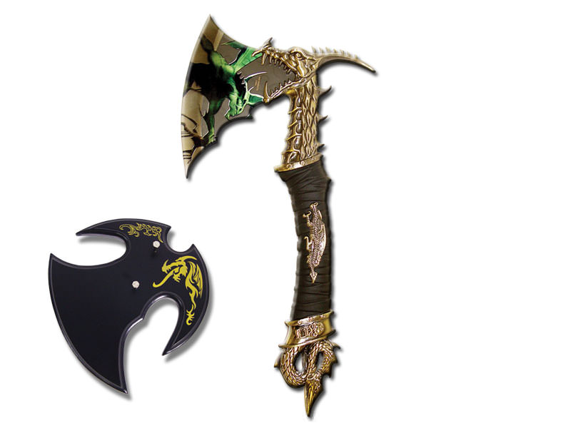 Fantasy Dragon Axe With Wooden Plaque - TOPHATTER'S ARMORY DEALS Collectible Weapons - Tophatter Daily Deals