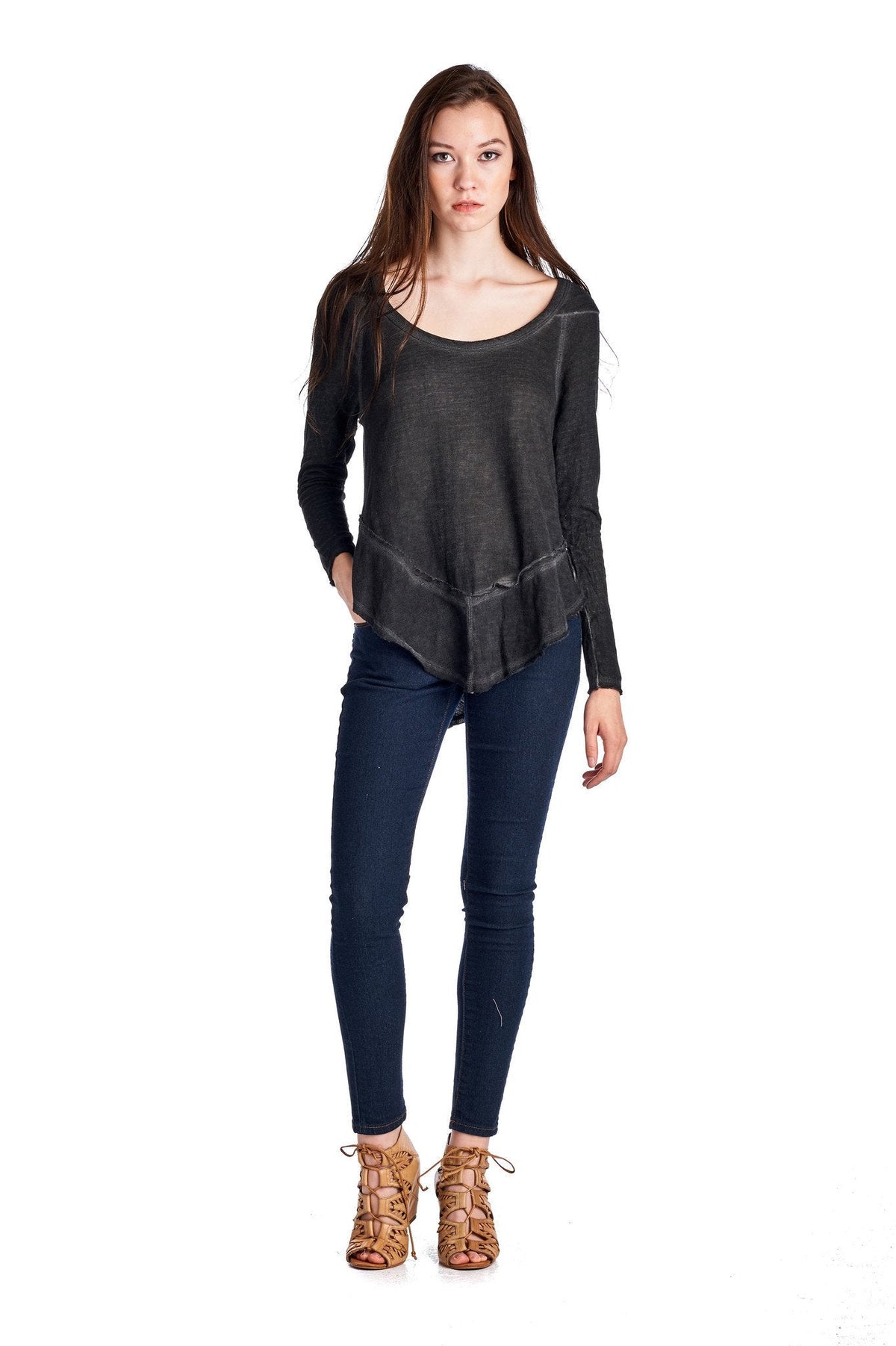 Women's Long Sleeve Hooded Vintage Wash Top Black 82 Tops - Tophatter Daily Deals